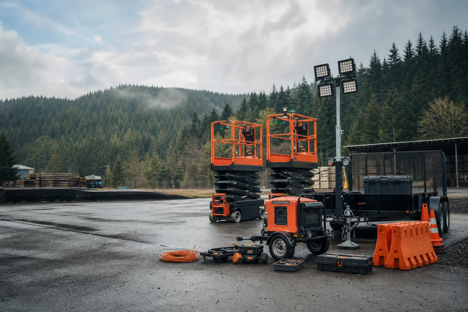A coordinated package of fictional rental equipment in an industrial yard